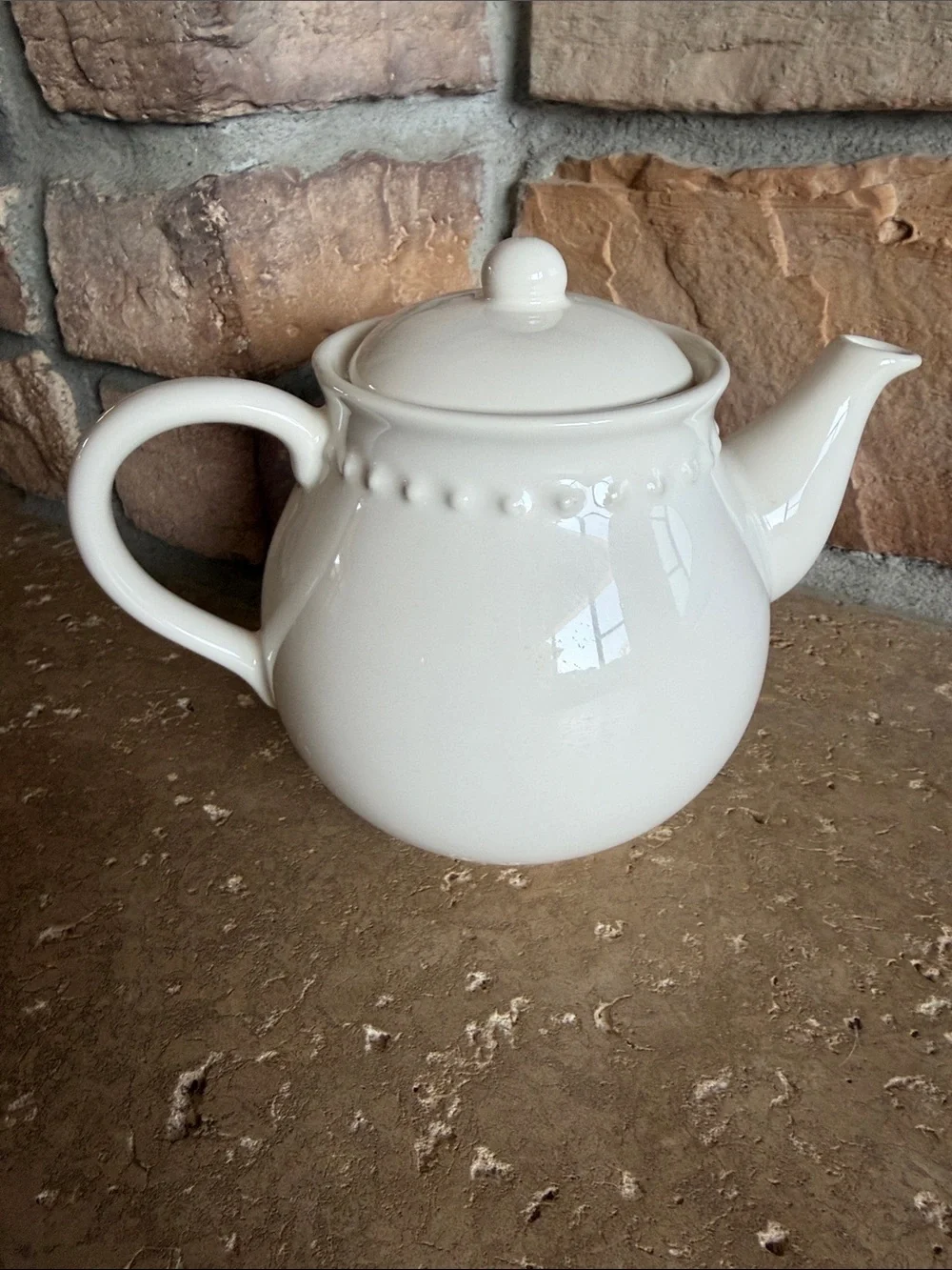 Pottery Barn Cream Earthenware Teapot with Beaded Rim Made in Portugal